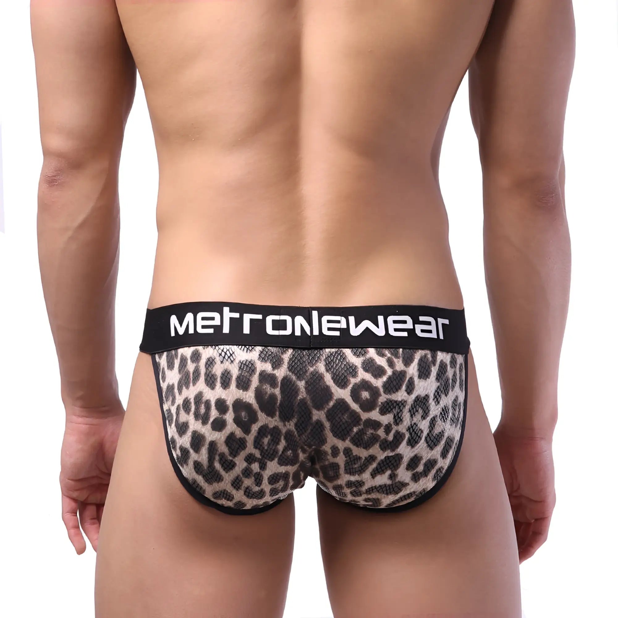 Leopard-print mesh briefs with black logo waistband in brown from metroMalewear animal bikini 3004-60 collection