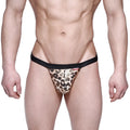Metro malewear animal string gold 1014-60 leopard-print thong with black elastic waistband front view