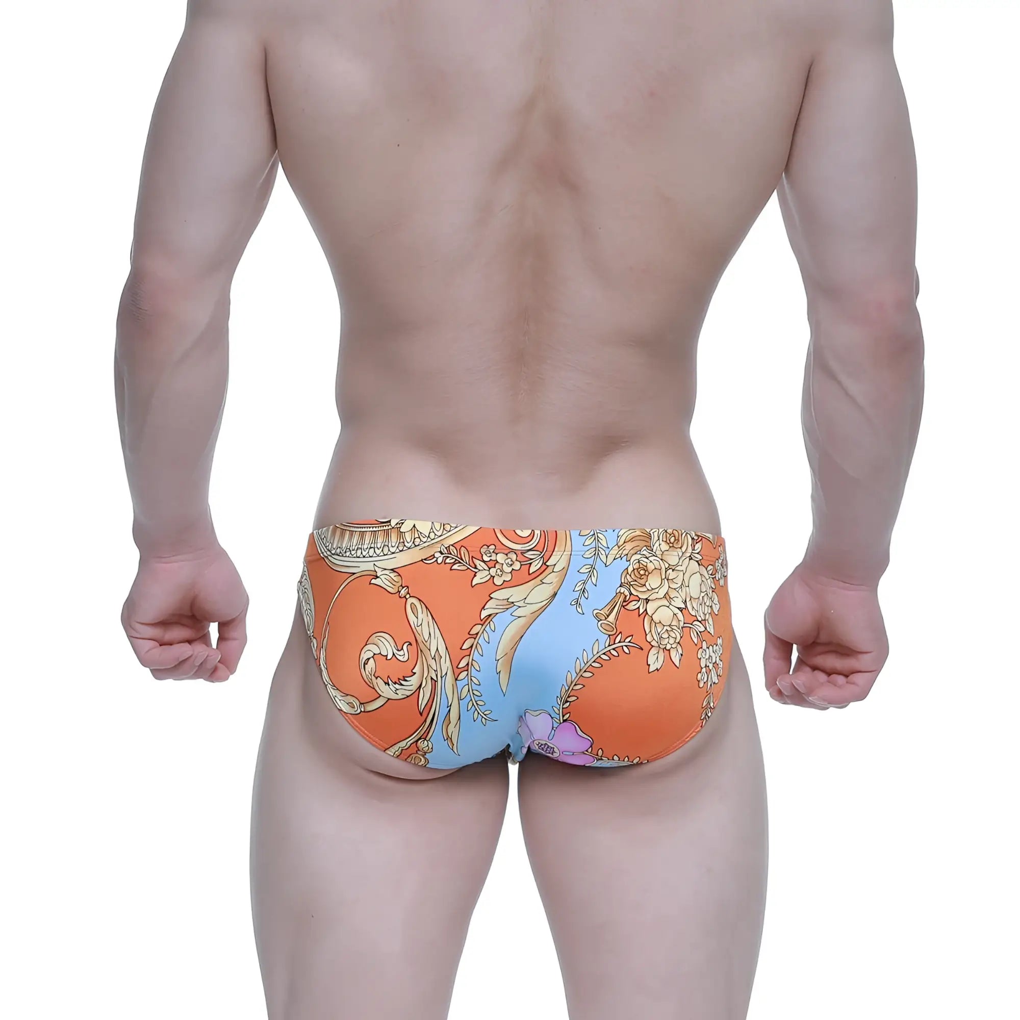 Orange and blue patterned swim trunks with ornate floral design by metroMalewear antique bikini 5103-M68