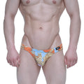 Metro male wear antique bikini swim trunks in orange and light blue with gold floral patterns for beachwear