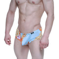 Light blue MetroMaleWear antique trunk 2125-65 swim trunks with ornate orange and gold baroque patterns