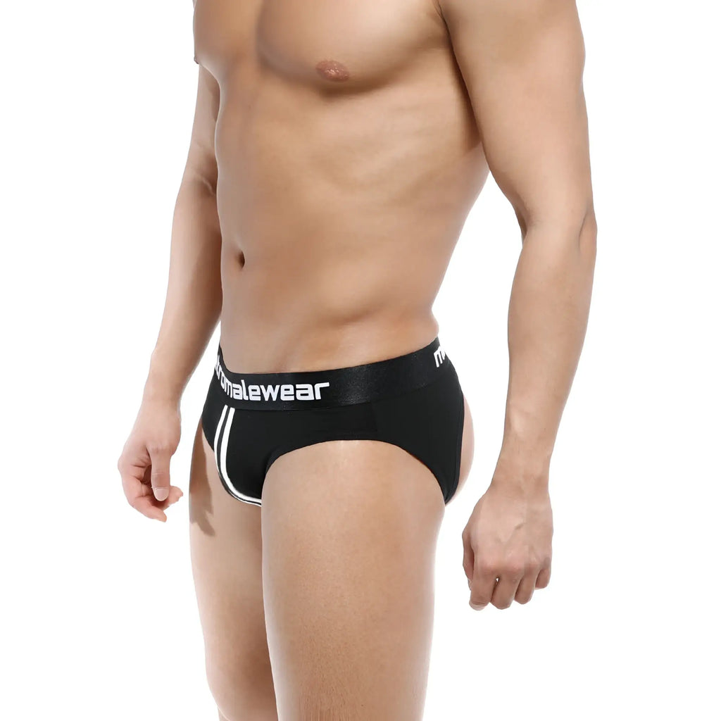 Black men’s briefs with white piping and malewear logo on waistband metroMalewear apolo jock strap black 5001-20