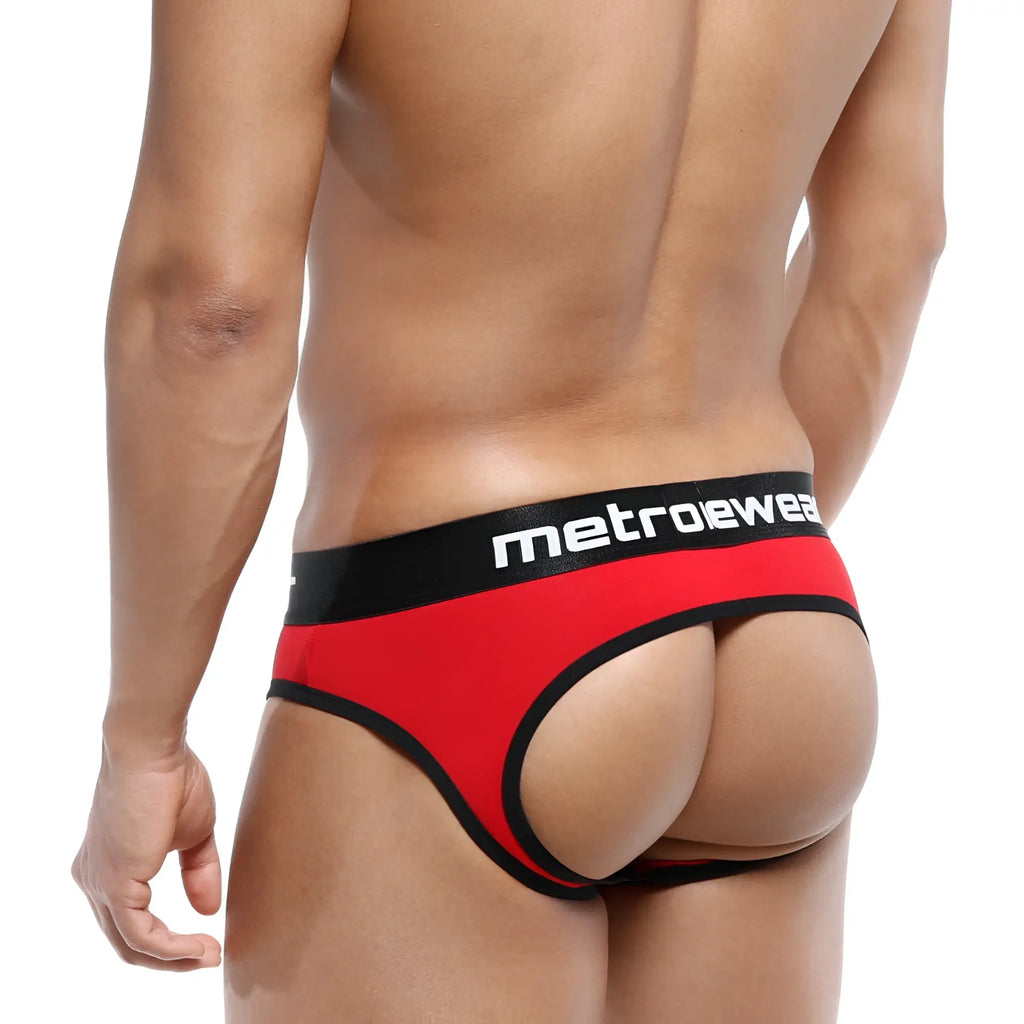 Red and black metroeweave men’s briefs with bold athletic cut from metro malewear apolo jock strap 5001-12