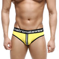 Bright yellow metroMalewear Apolo jock strap briefs with black trim white stripe and logo waistband