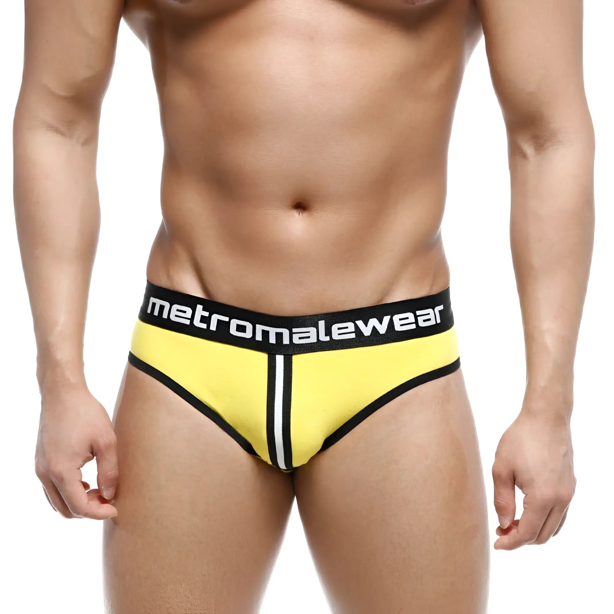 Bright yellow metroMalewear Apolo jock strap briefs with black trim white stripe and logo waistband