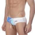 MetroMaleWear Aqua White swim brief 4917-00 features white and light blue swim trunks with drawstring waistband