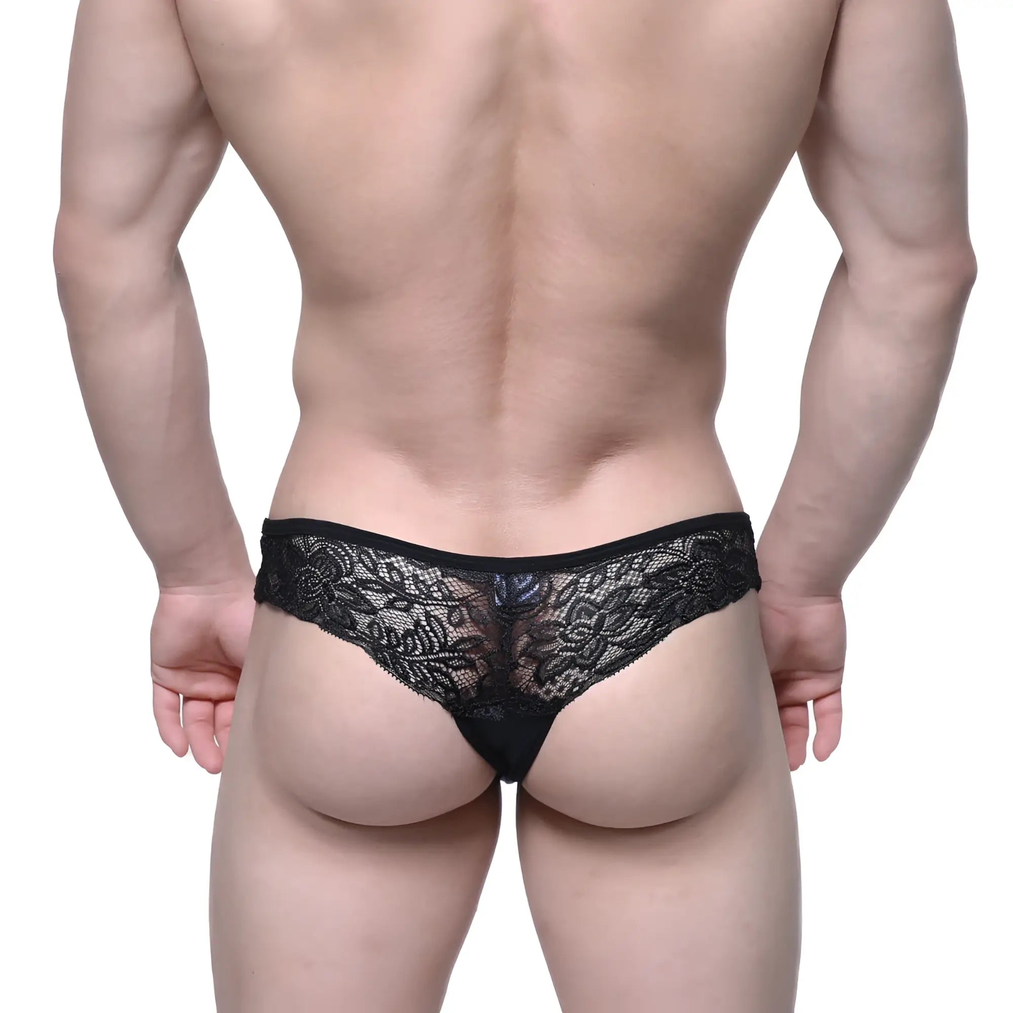 MetroMalewear aragon thong black 1152-20 is a black lace thong with intricate floral patterns and a sheer delicate design