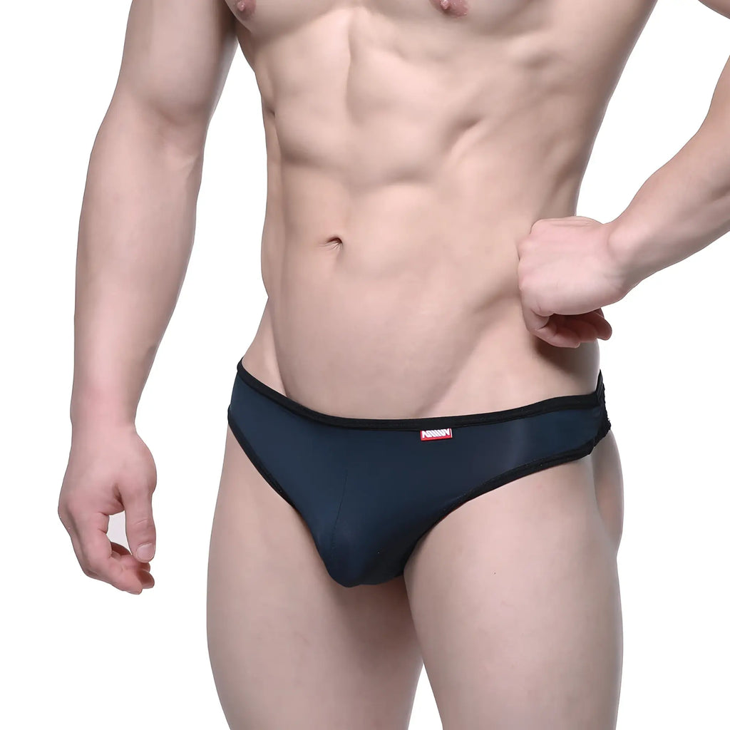 MetroMaleWear Aragon thong black mesh briefs with a red and white logo on the waistband front side view