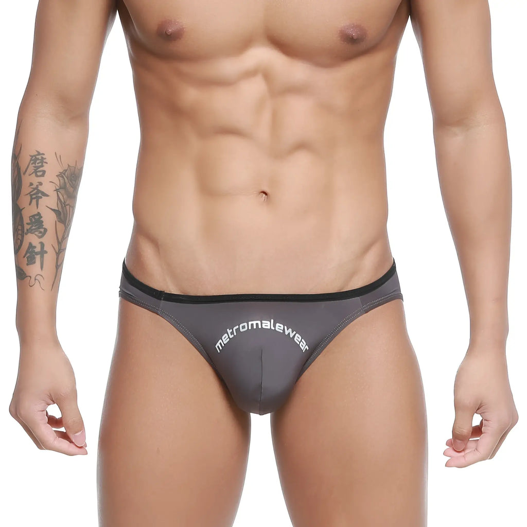 Gray men’s briefs with black trim and metromalewear branding in white from metromalewear arc bikini charcoal 2206-11