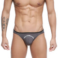 Gray men’s briefs with black trim and metromalewear branding in white from metromalewear arc bikini charcoal 2206-11