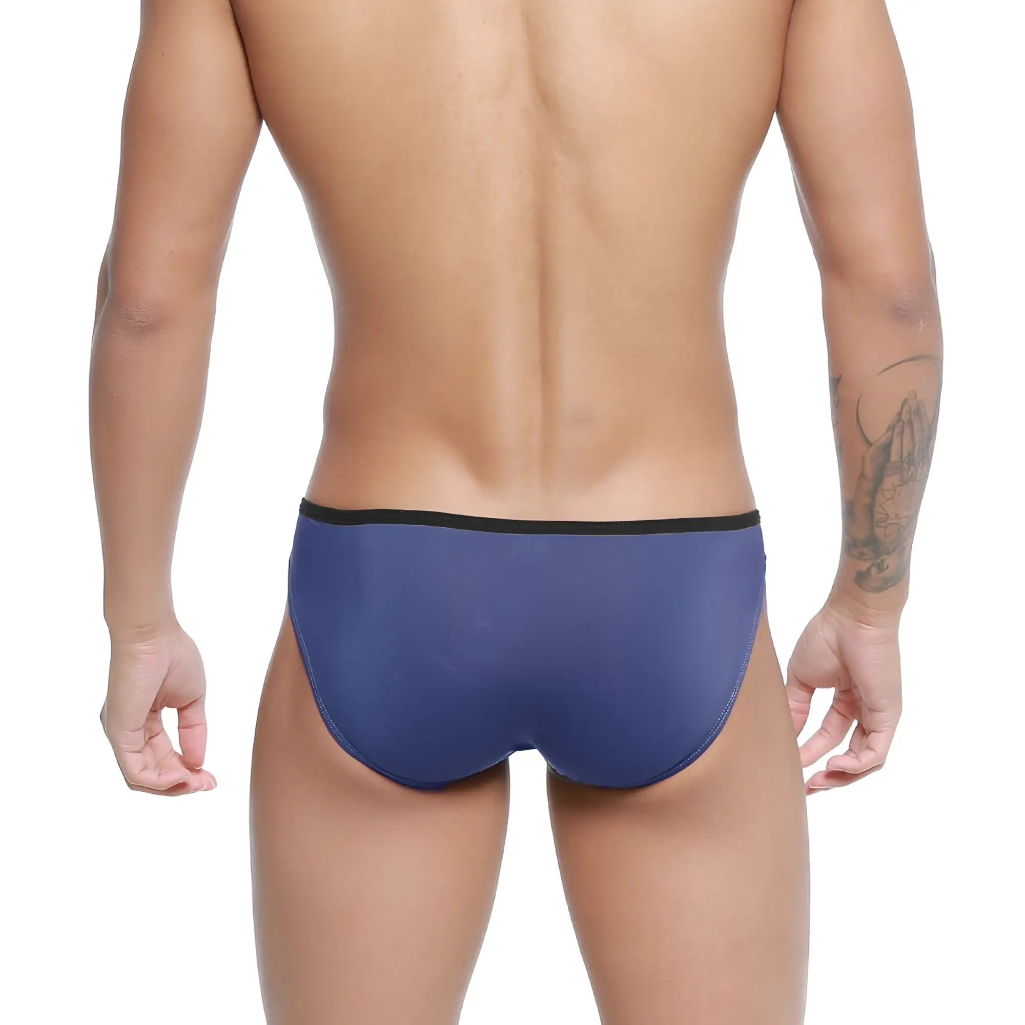 Navy blue metro malewear arc bikini briefs with black elastic waistband designed for comfortable daily wear