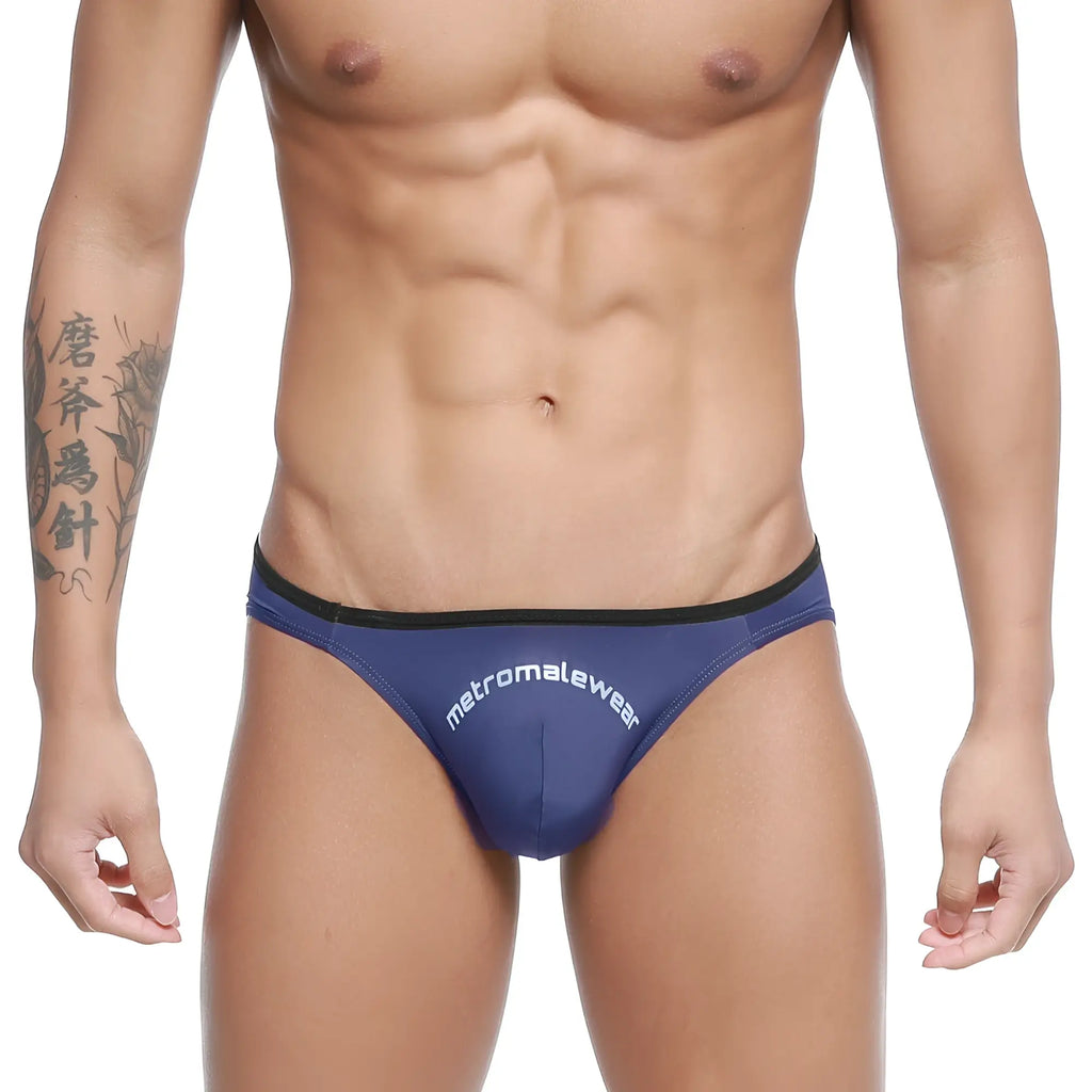 Navy blue briefs with black trim and white metromalewear logo metro malewear arc bikini dark blue 2206-28