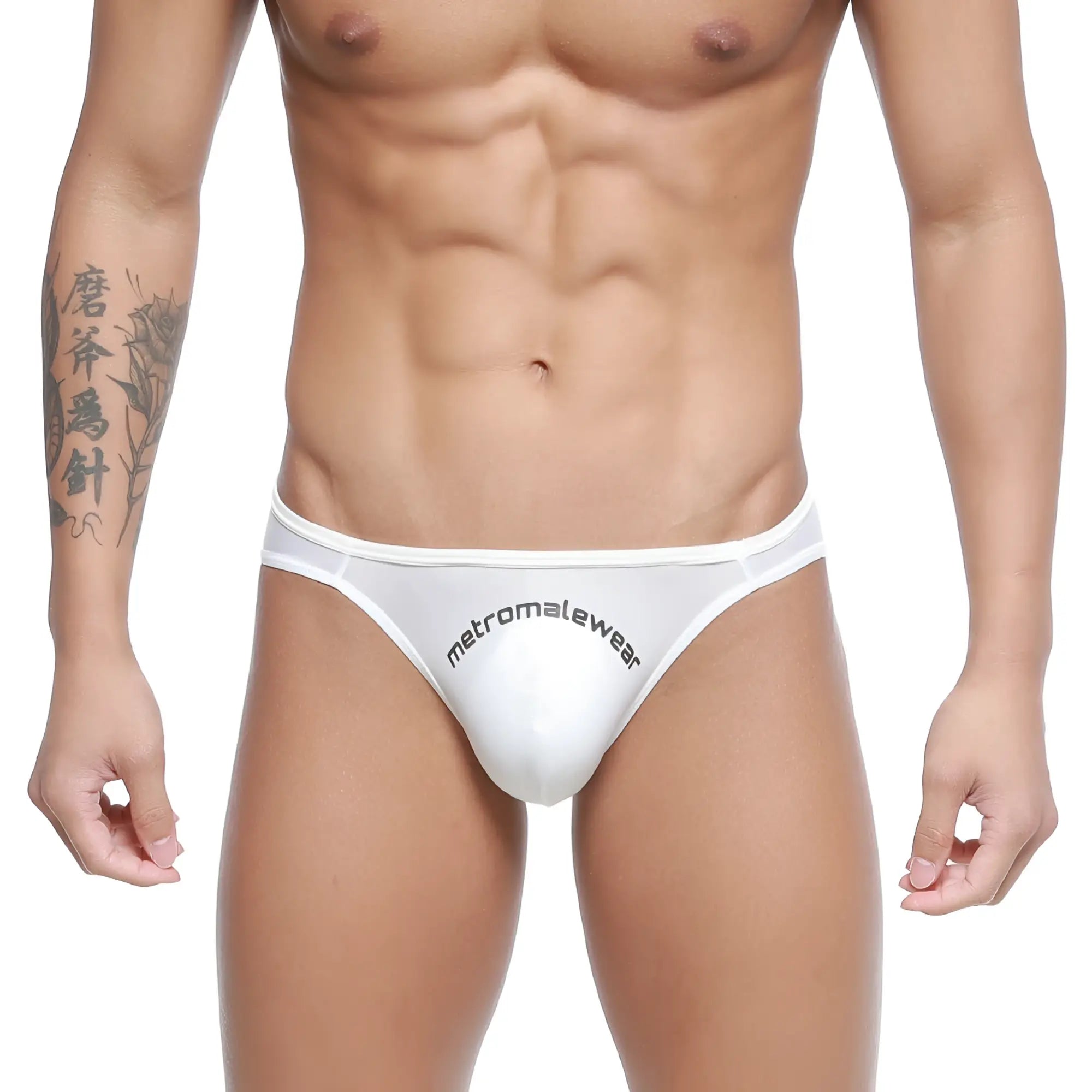 White MetroMaleWear Arc bikini thong with black front branding made from comfortable material for stylish wear
