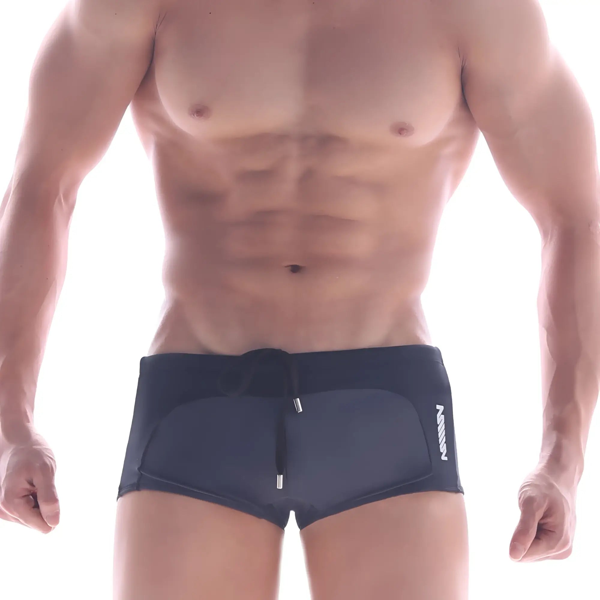 Dark navy metroMalewear arc swim boxer with sleek modern design and white logo on the side