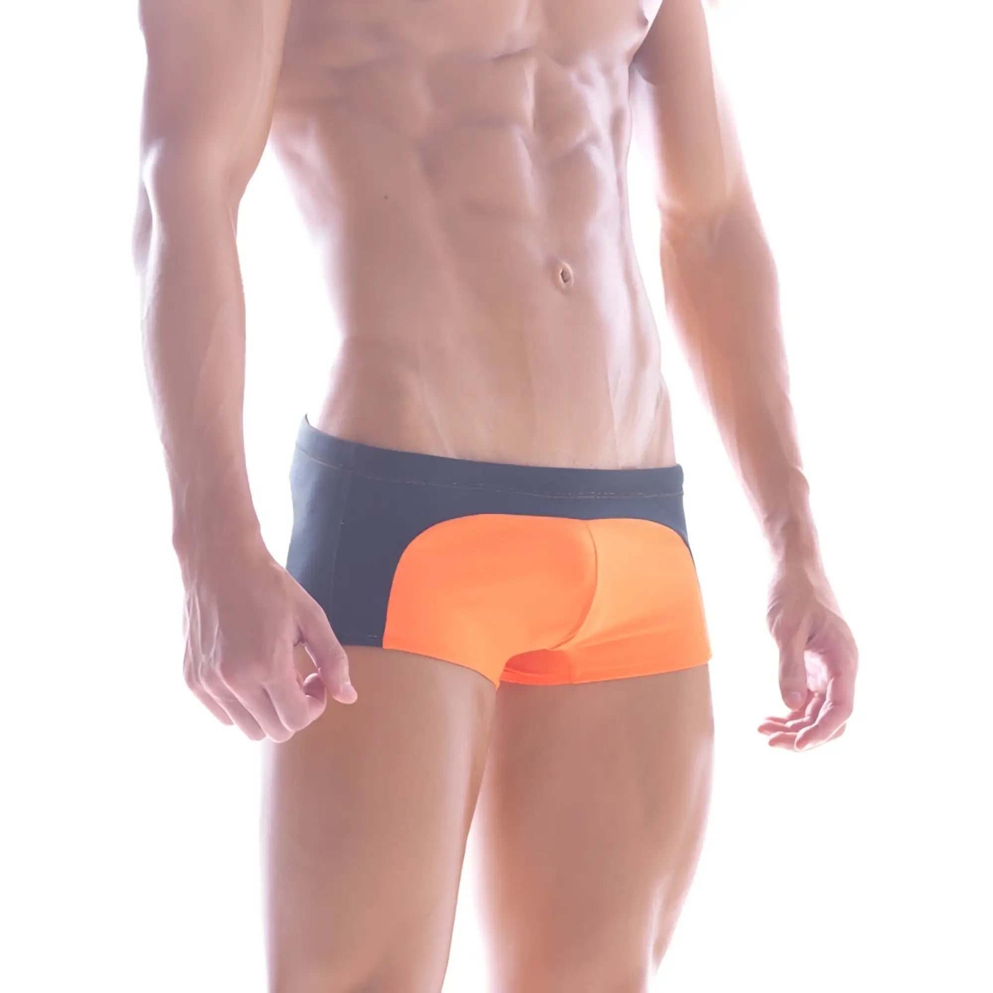 MetroMaleWear Arc swim boxer orange 4925-14 features bright orange and navy blue two-tone design swim trunks
