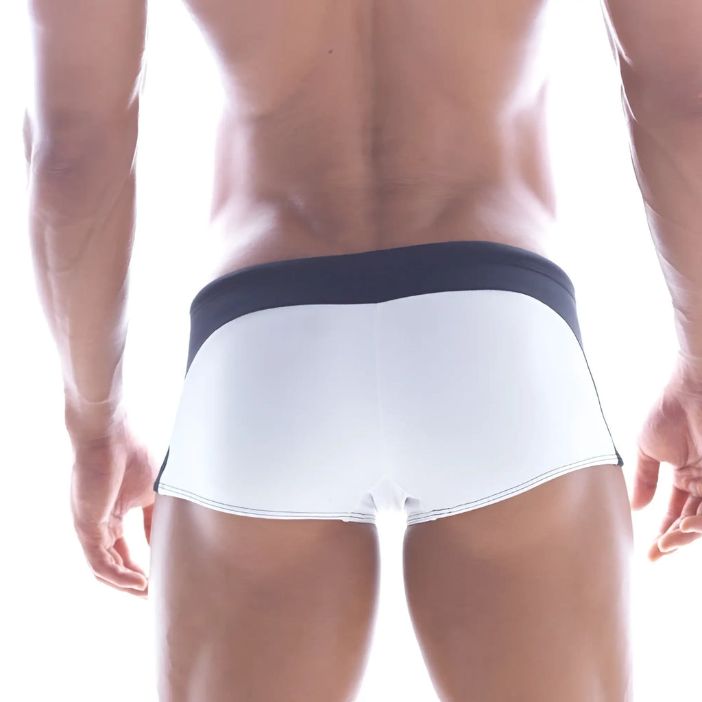 White swim trunks with navy blue waistband and trim from Metromalewear Arc swim boxer 4925-00 for men
