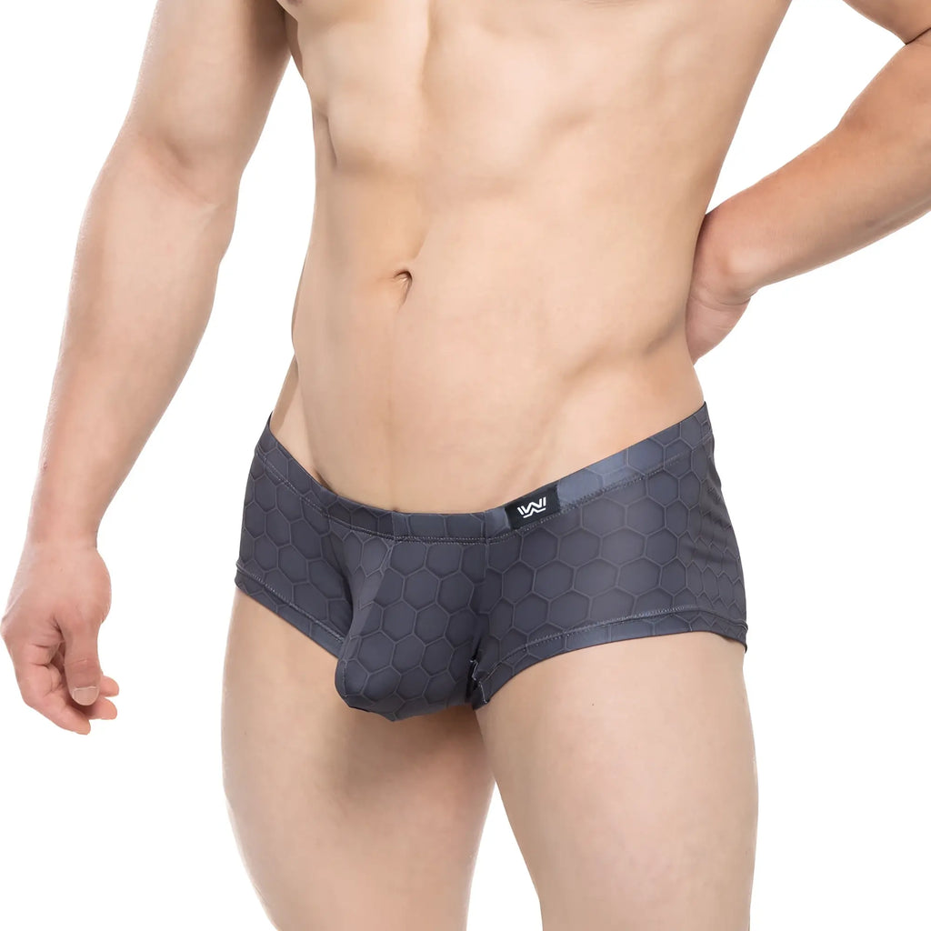 Dark gray hexagonal-patterned men’s briefs with branded waistband label metro malewear armour trunk 2125-43