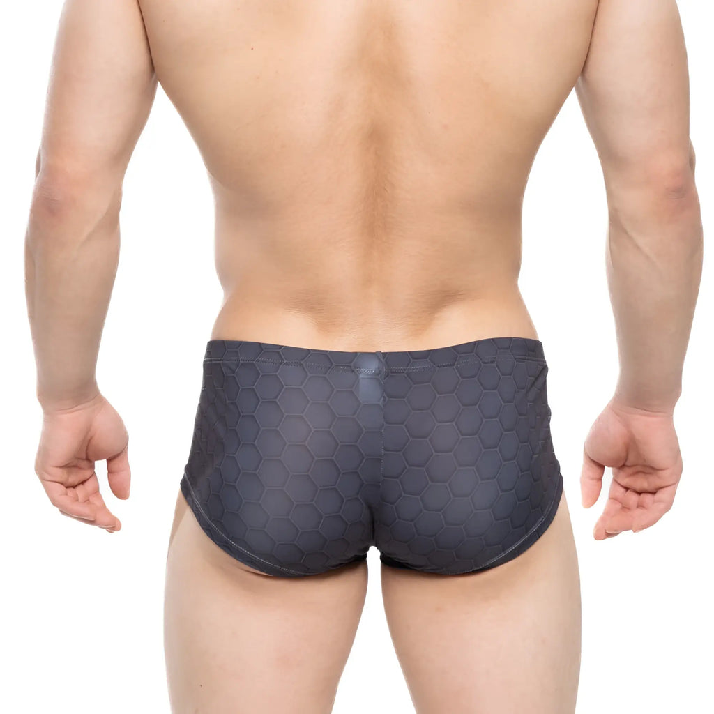 Dark gray swim trunks with a textured hexagonal pattern metro male wear armour trunk 2125-43 front view