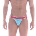 Light blue and white striped men’s briefs with red aquav waistband from MetroMaleWear Asian Bikini Arco 3004-49
