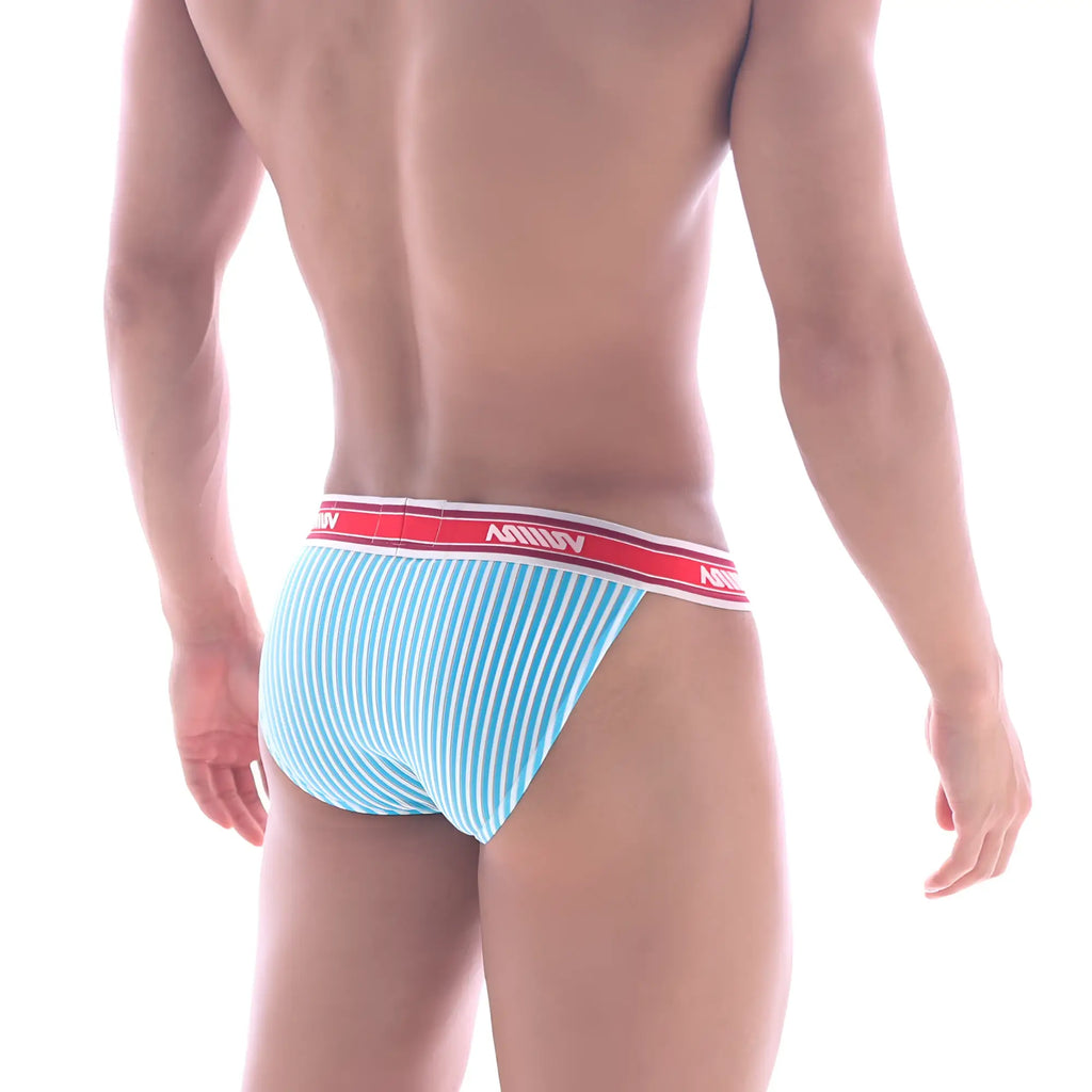 Light blue and white striped mens briefs with red waistband featuring MetroMaleWear brand name metro malewear asian bikini arco 3004-49