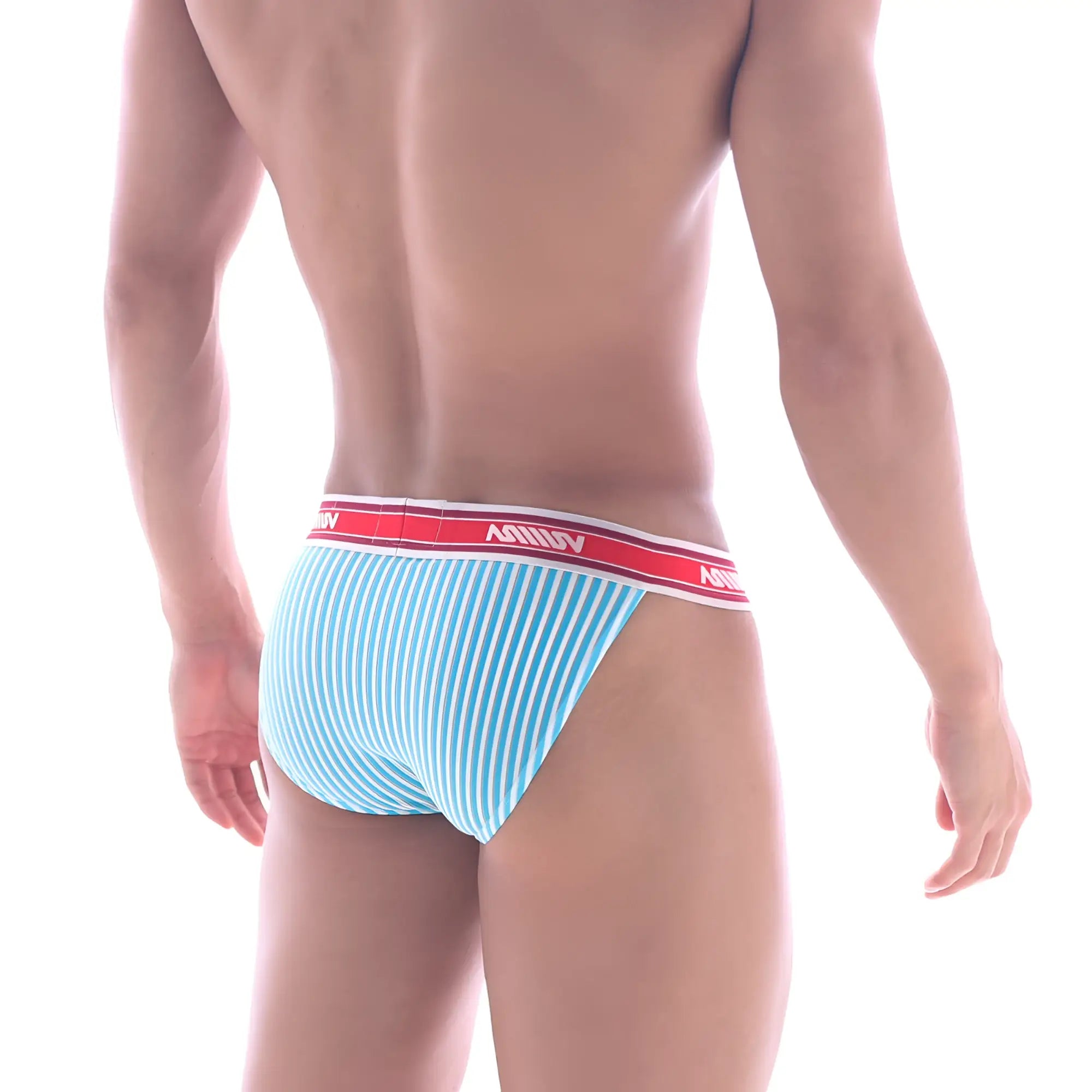 Light blue and white striped mens briefs with red waistband featuring MetroMaleWear brand name metro malewear asian bikini arco 3004-49