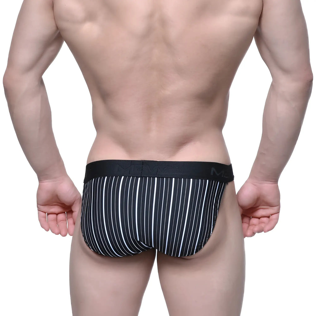 Black and white vertically striped metro malewear asian bikini men’s briefs with black elastic waistband and mema logo