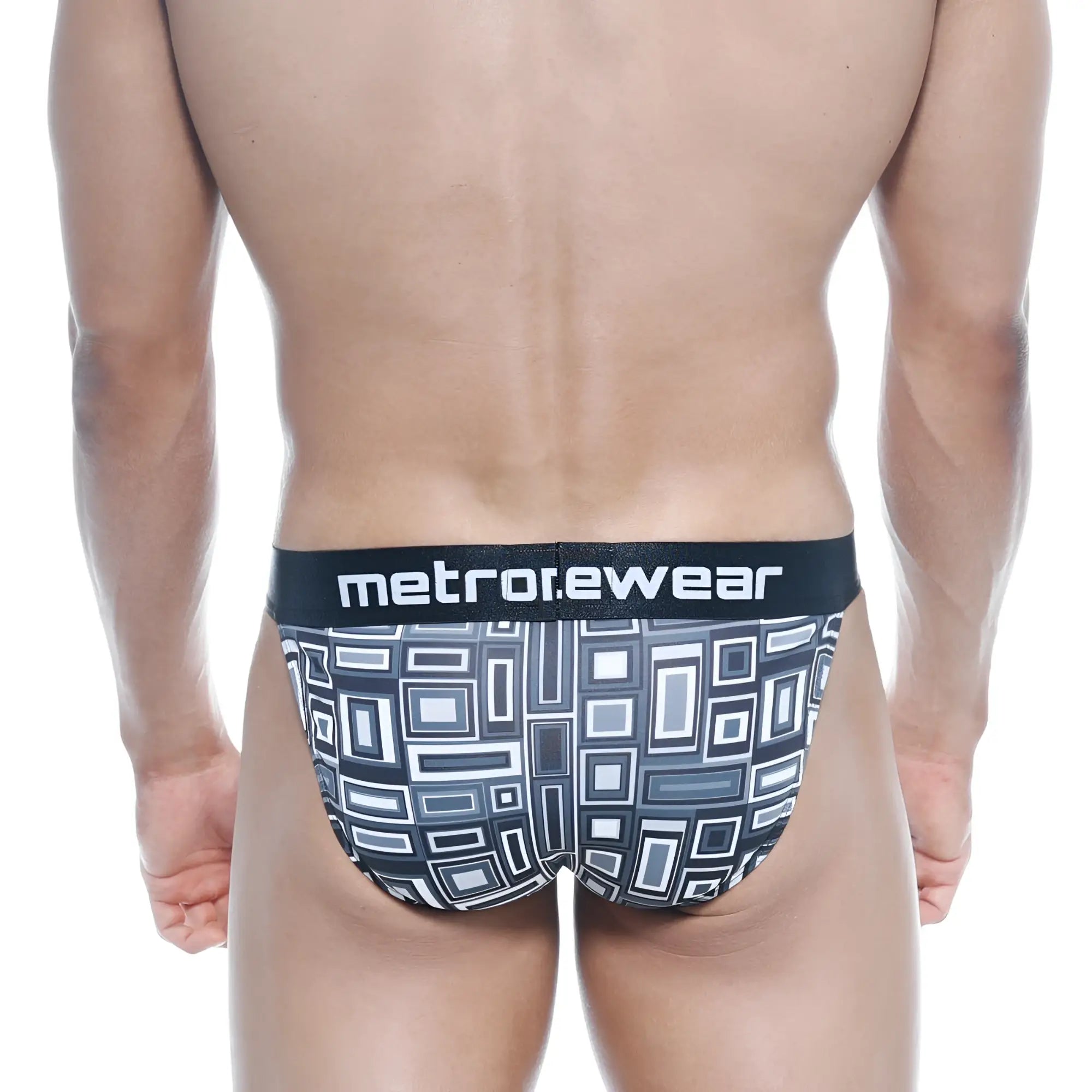 Black and gray geometric patterned men’s briefs with black metrowear waistband metro malewear asian bikini basalto 3004-23