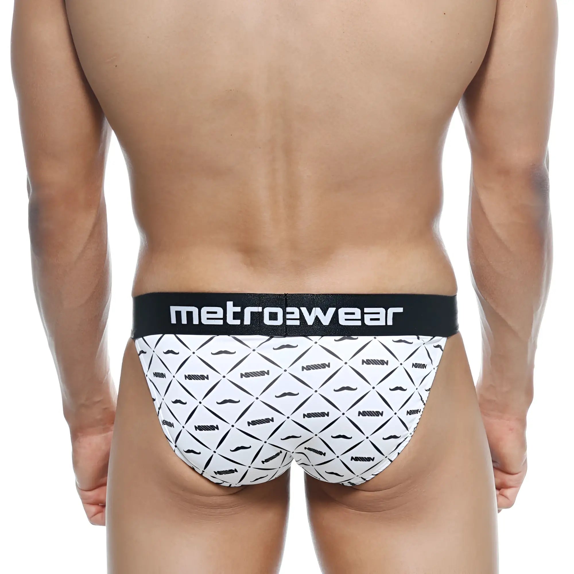 White briefs with black diamond mustache pattern and metro2wear waistband from MetroMaleWear Asian Bikini Caballero 3004-17
