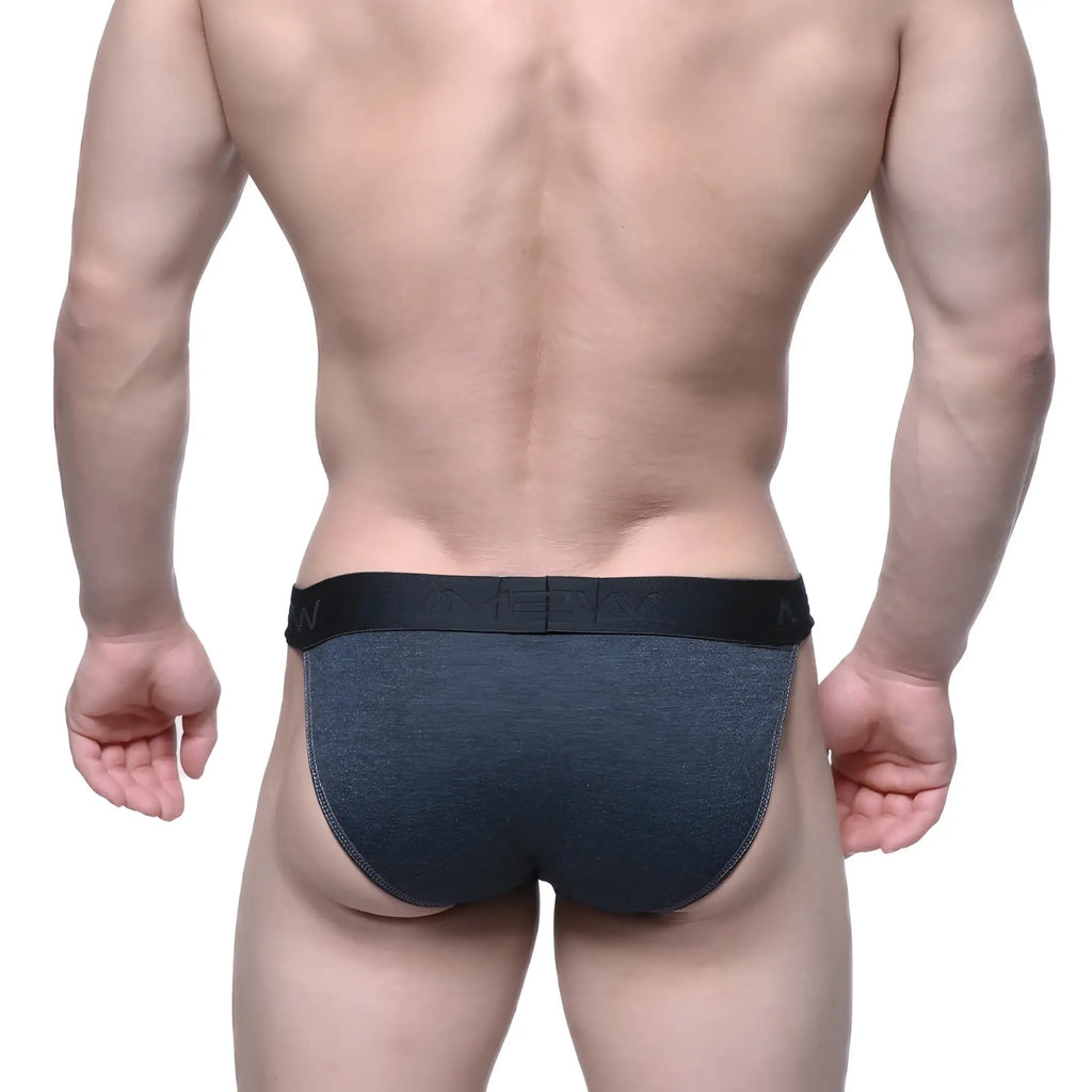 Dark gray heathered briefs with black elastic waistband featuring men brand name in white from metromalewear asian bikini charcoal 3004-11