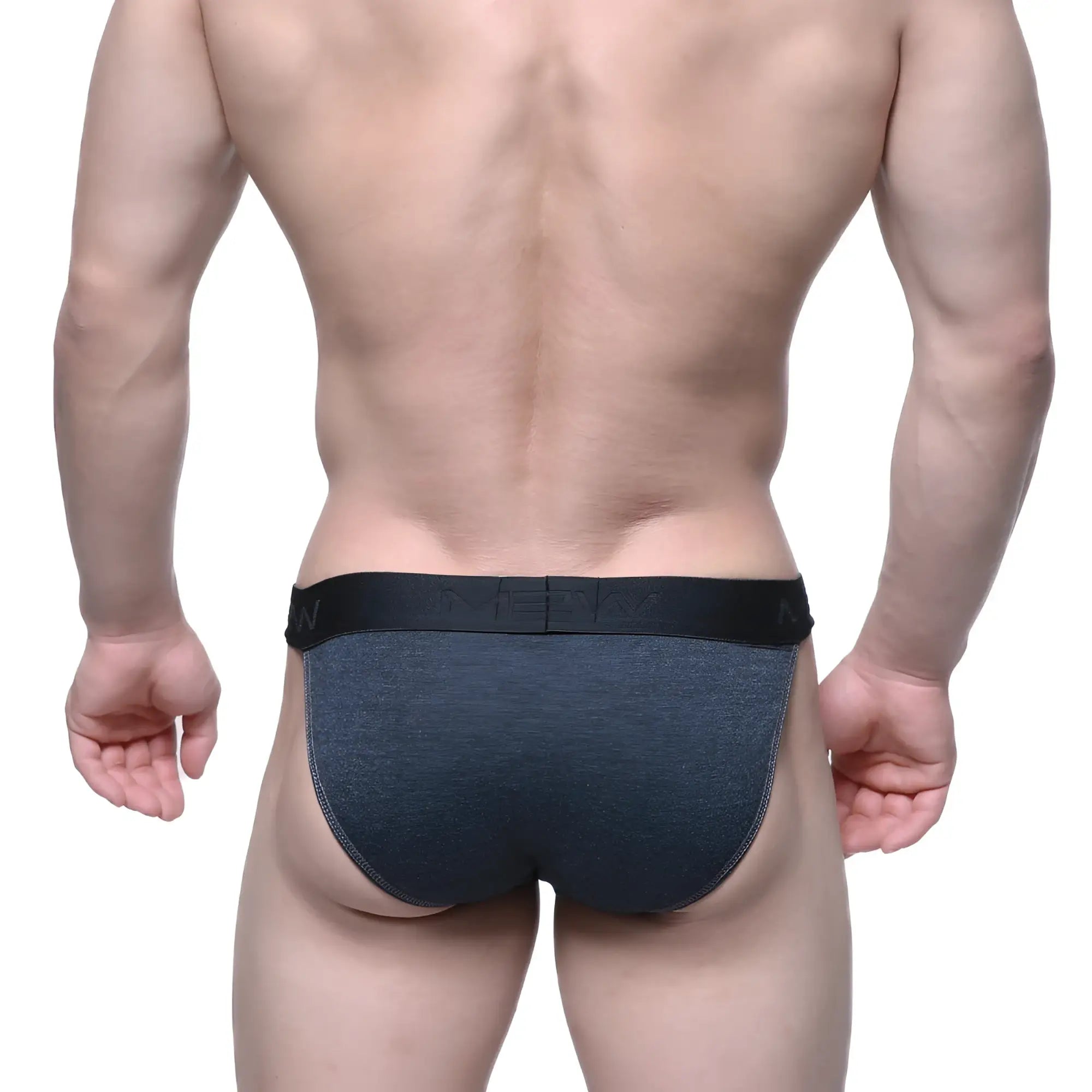 Dark gray heathered briefs with black elastic waistband featuring men brand name in white from metromalewear asian bikini charcoal 3004-11