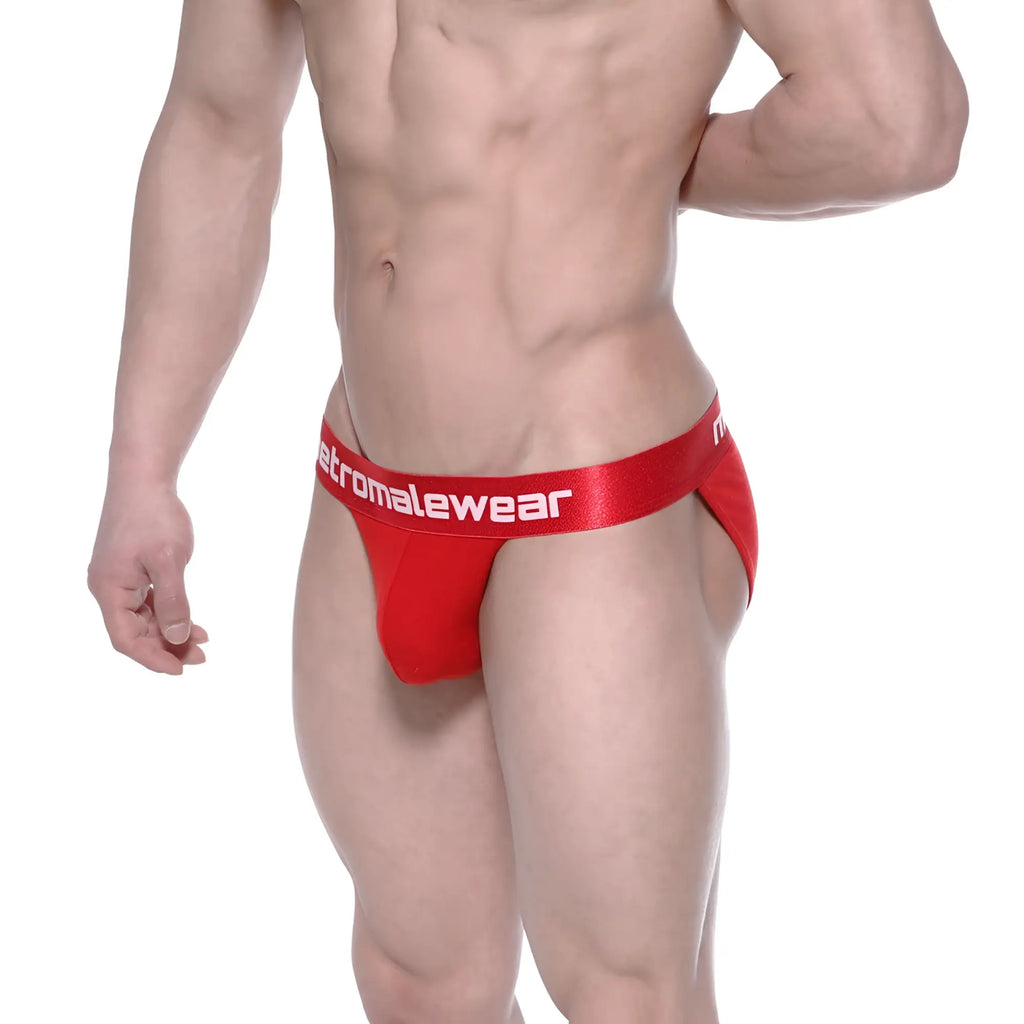 Red men’s briefs with a satin-like waistband branded metromalewear in crimson metroMalewear asian bikini 3004-13