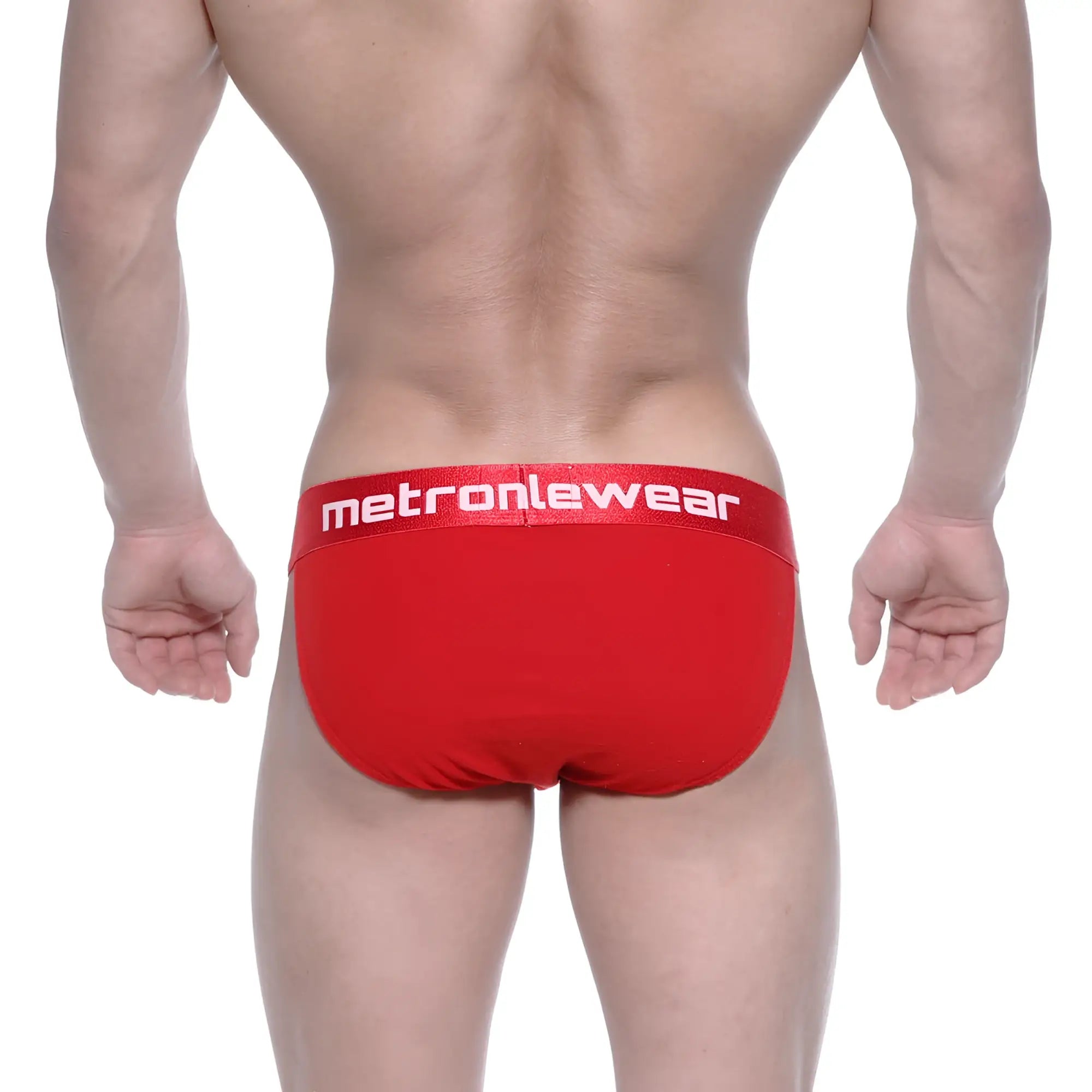Red metronalewear briefs with white logo band designed as an asian bikini style for comfortable wear