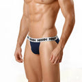 MetroMaleWear Asian bikini briefs in navy blue with white elastic waistband featuring black repeating text