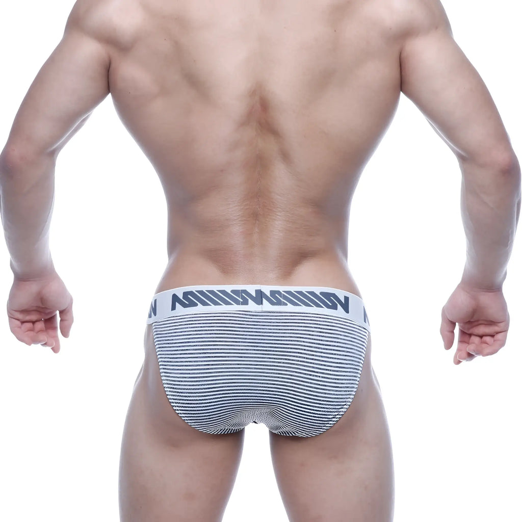 Gray and white striped asian bikini briefs with bold black logo waistband from metromalewear model 3004-46