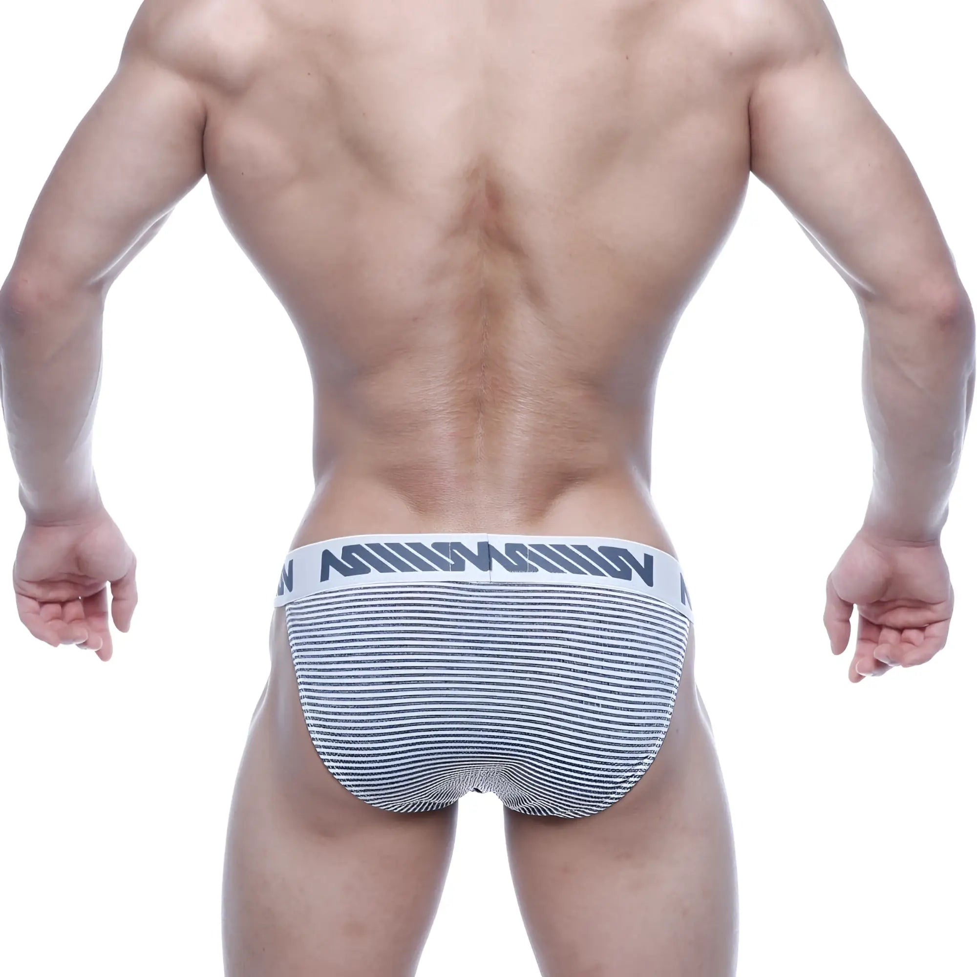 Gray and white striped asian bikini briefs with bold black logo waistband from metromalewear model 3004-46