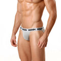 Gray heathered men’s briefs with white elastic waistband featuring black ammun branding metro male wear asian bikini
