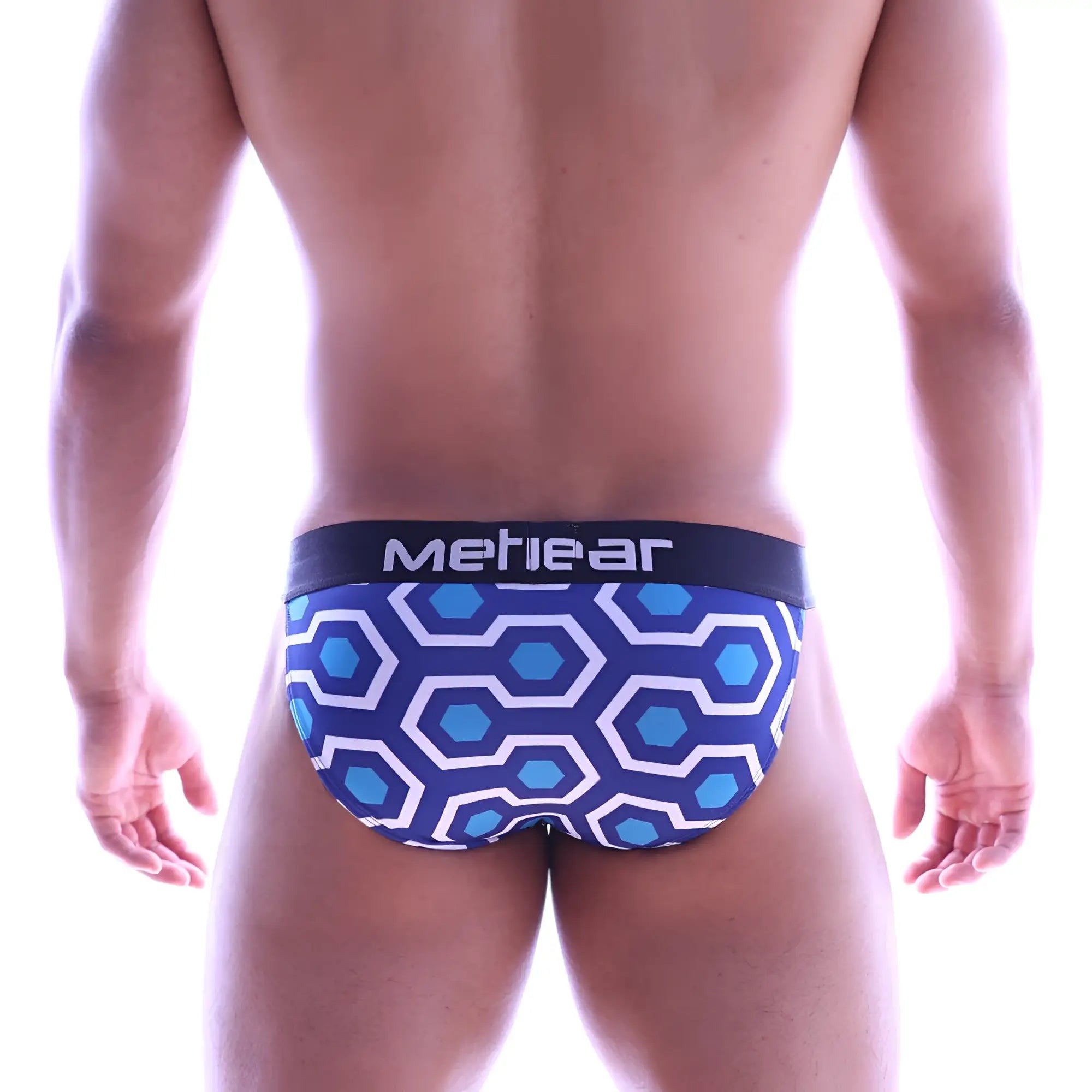Blue and white hexagonal patterned men’s briefs with black methear waistband metro male wear asian bikini honeycomb 3004-61
