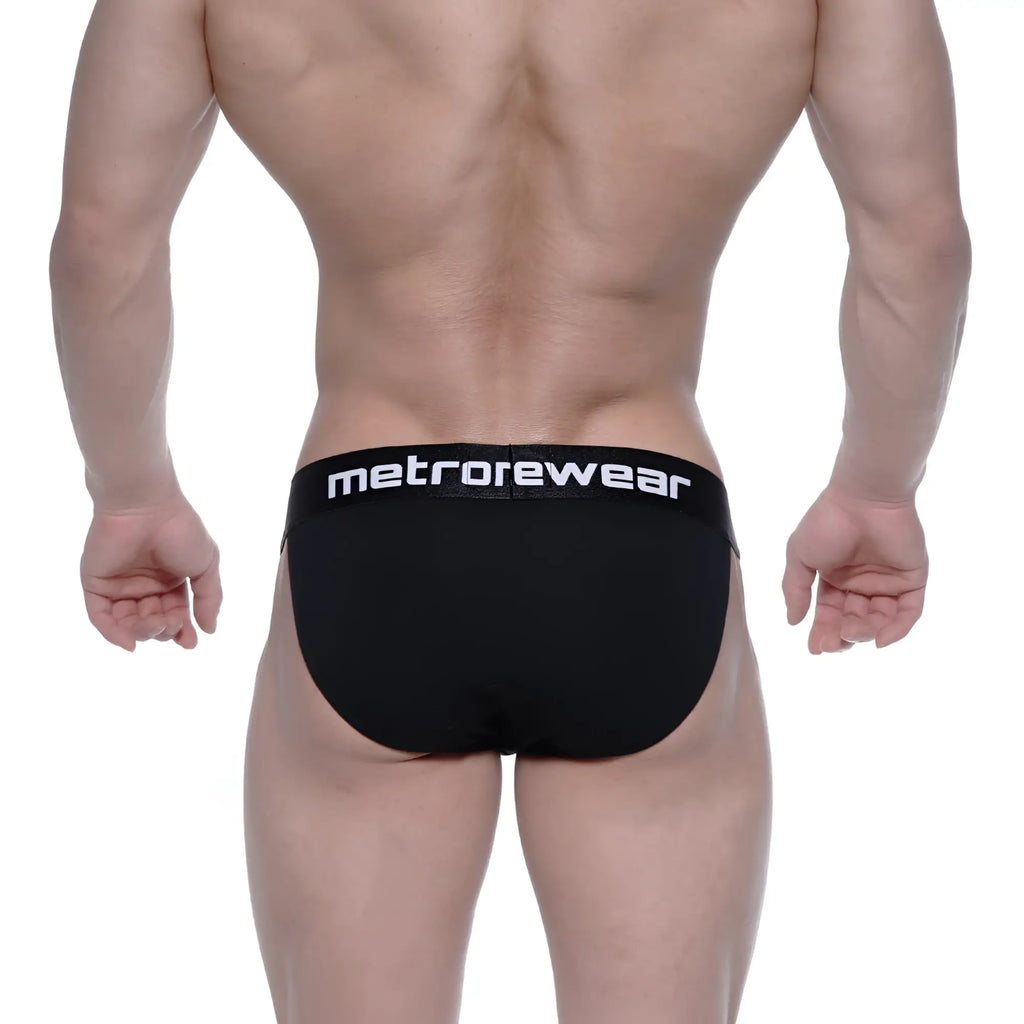 Black men’s briefs with white metrowear logo on waistband metro malewear asian bikini intense 3004-21 front view