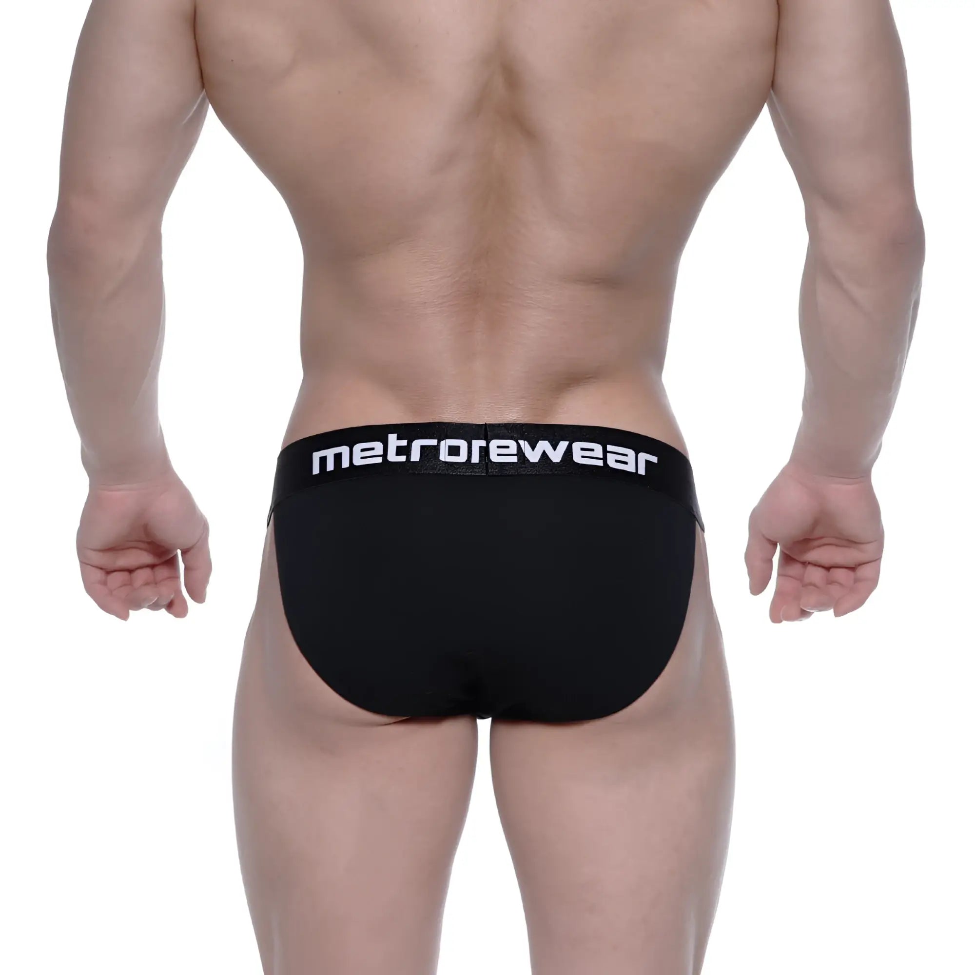 Black men’s briefs with white metrowear logo on waistband metro malewear asian bikini intense 3004-21 front view