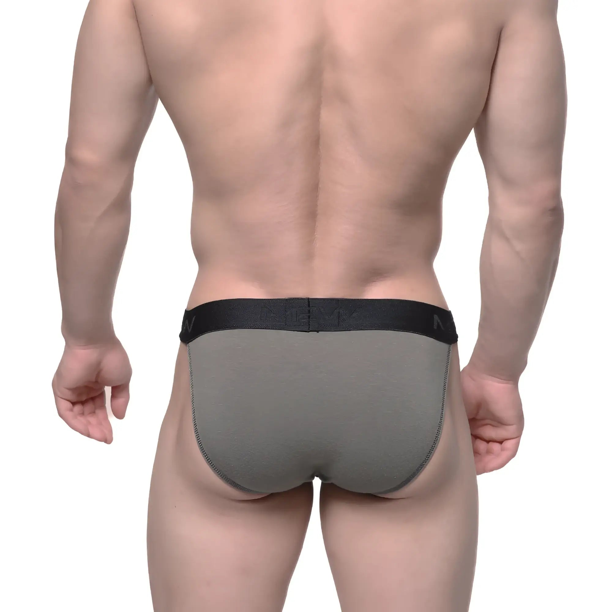 Gray athletic briefs with black elastic waistband and metro male wear logo in asian bikini khaki 3004-26 style