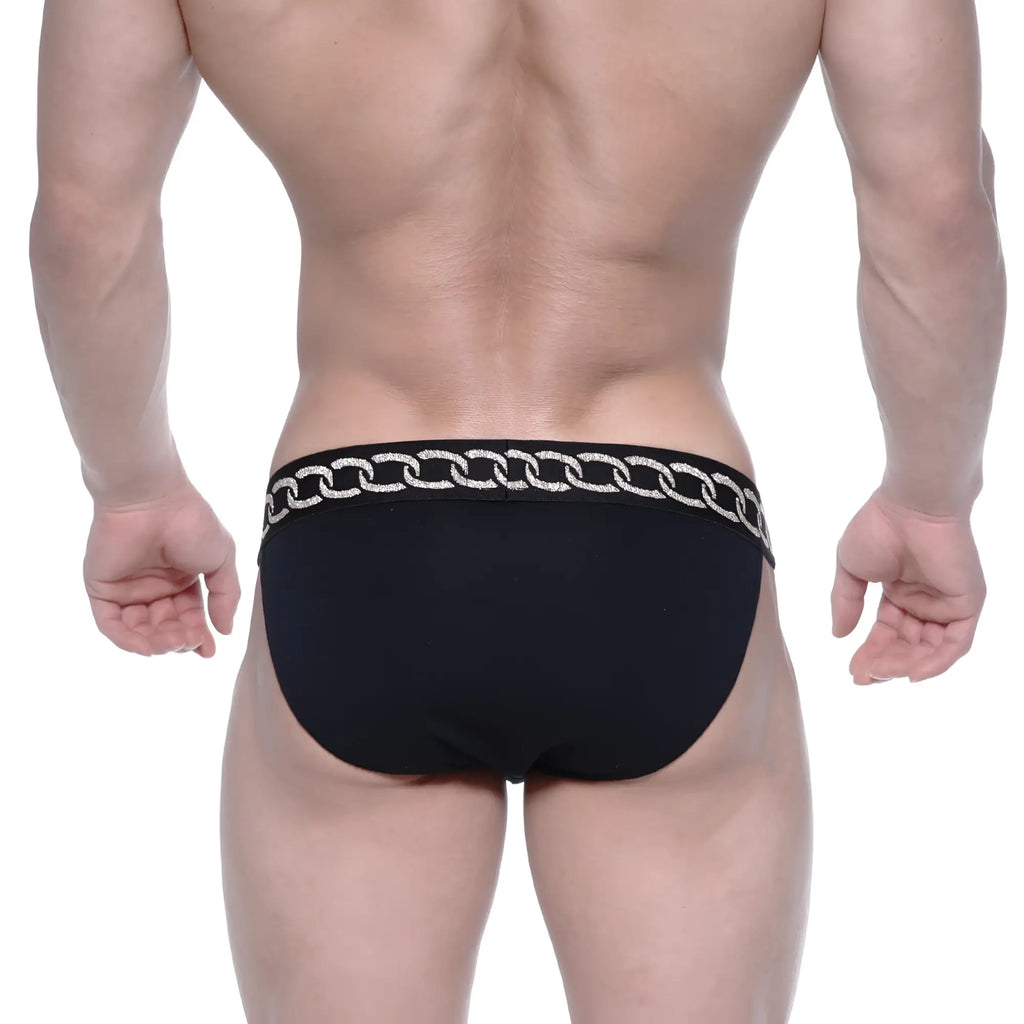 Black briefs metro male wear asian bikini metal black 3004-m20 with silver chain-link pattern waistband