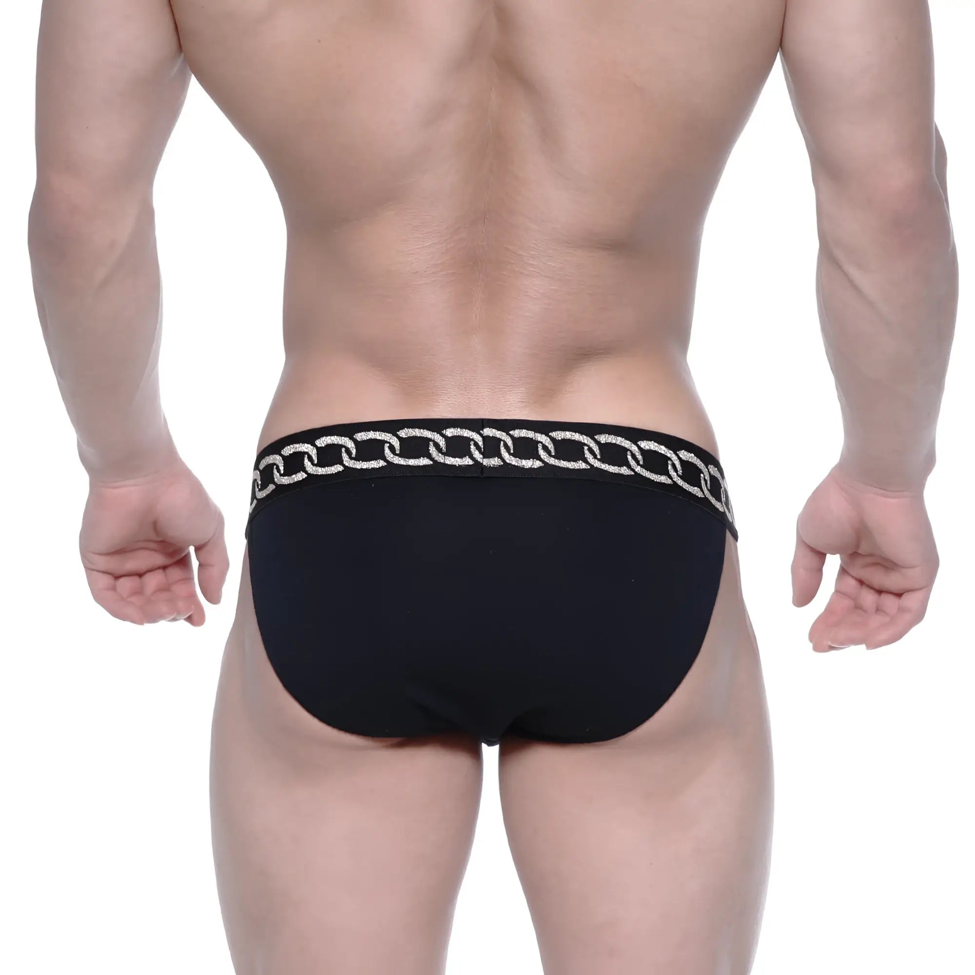 Black briefs metro male wear asian bikini metal black 3004-m20 with silver chain-link pattern waistband