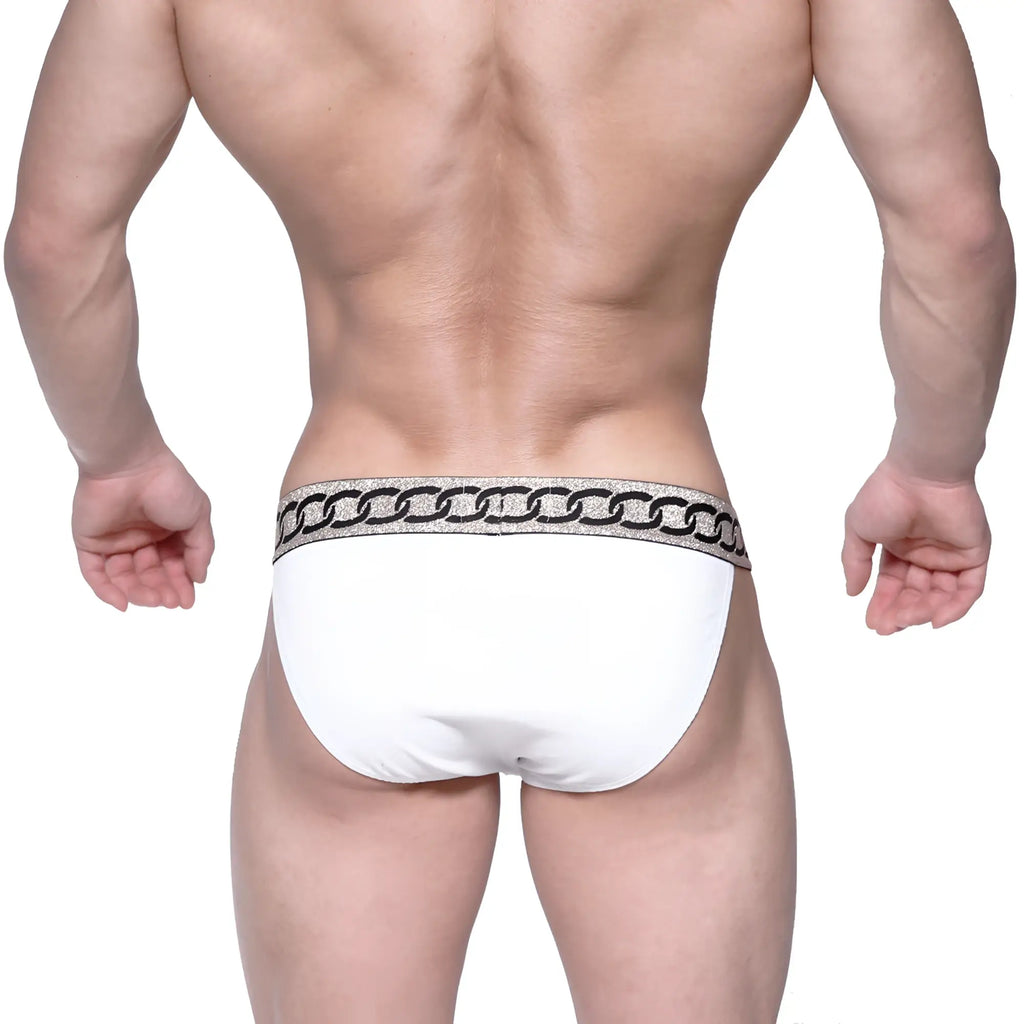 White briefs with a glittery silver chain-link waistband from MetroMaleWear Asian bikini metal white 3004-M00