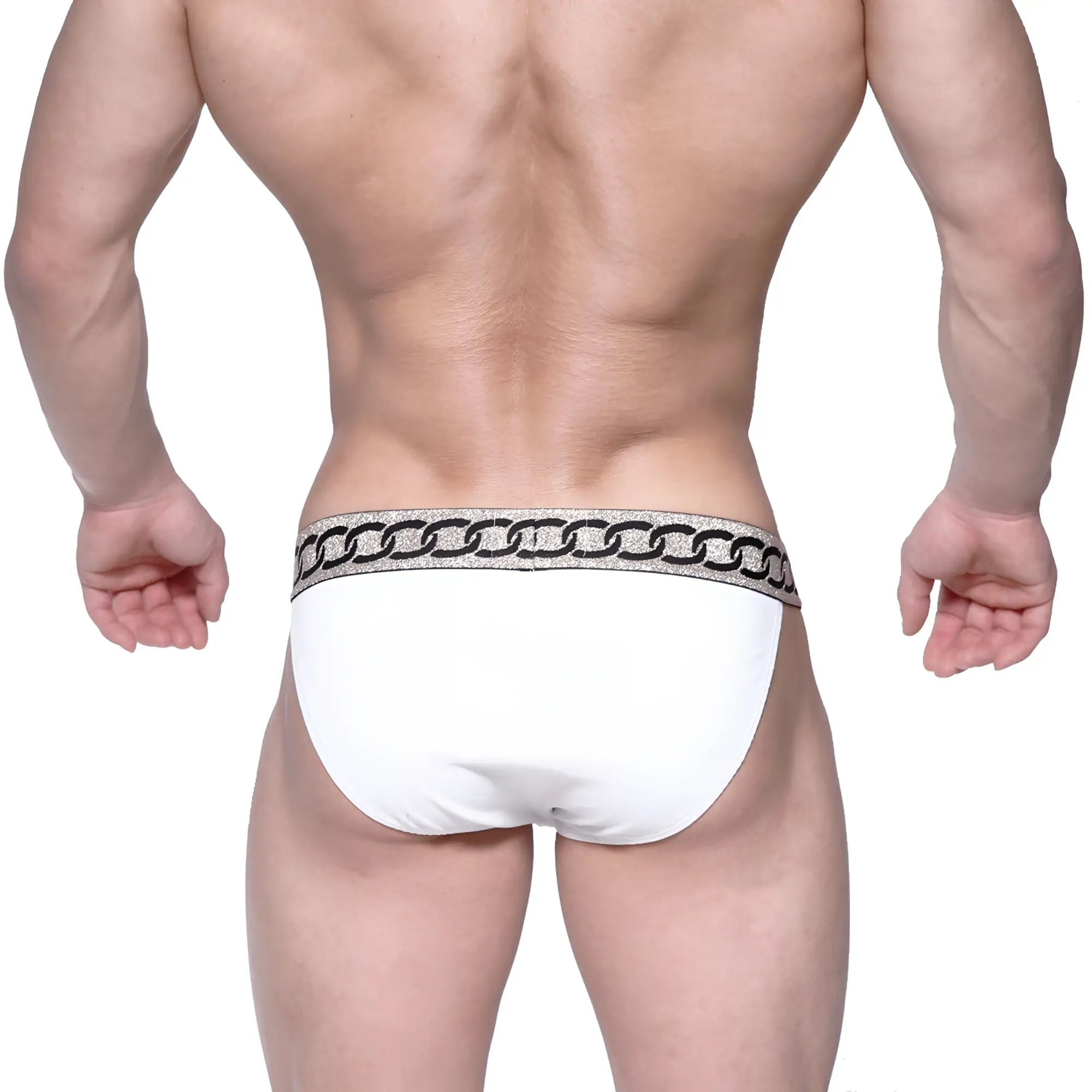 White briefs with a glittery silver chain-link waistband from MetroMaleWear Asian bikini metal white 3004-M00