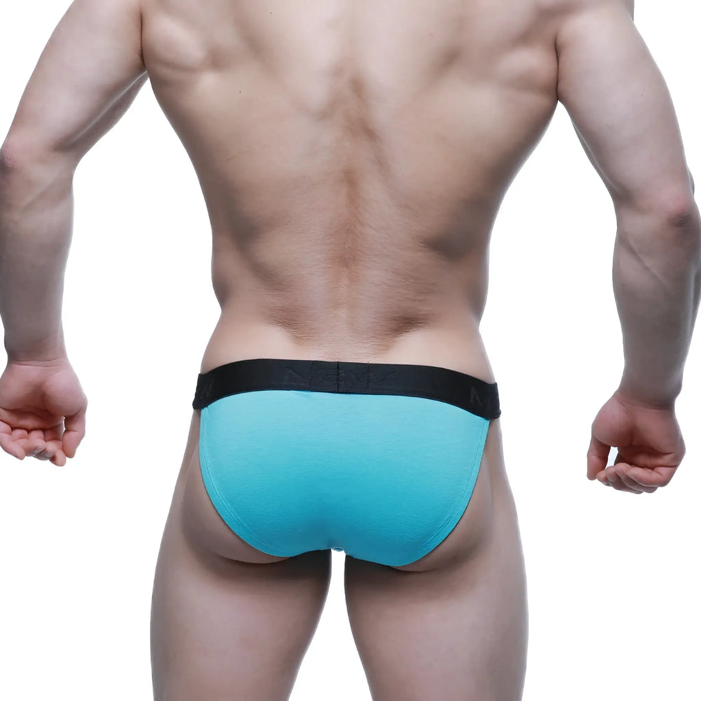 Turquoise MetroMaleWear Asian bikini briefs with black elastic waistband and brand logo for athletic use