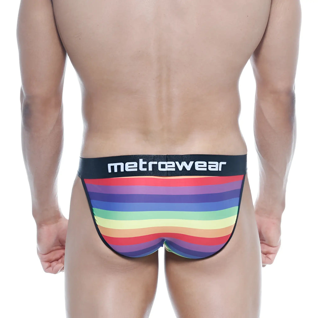 MetroMaleWear Asian Bikini rainbow striped men’s briefs with a black waistband featuring metrowear branding in white