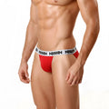 Red athletic briefs with white elastic waistband featuring black repeating text from MetroMaleWear Asian Bikini RED 3004-12