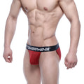 Red striped mens briefs with black waistband and fromalewear branding in metro-male-wear asian bikini red stripe style