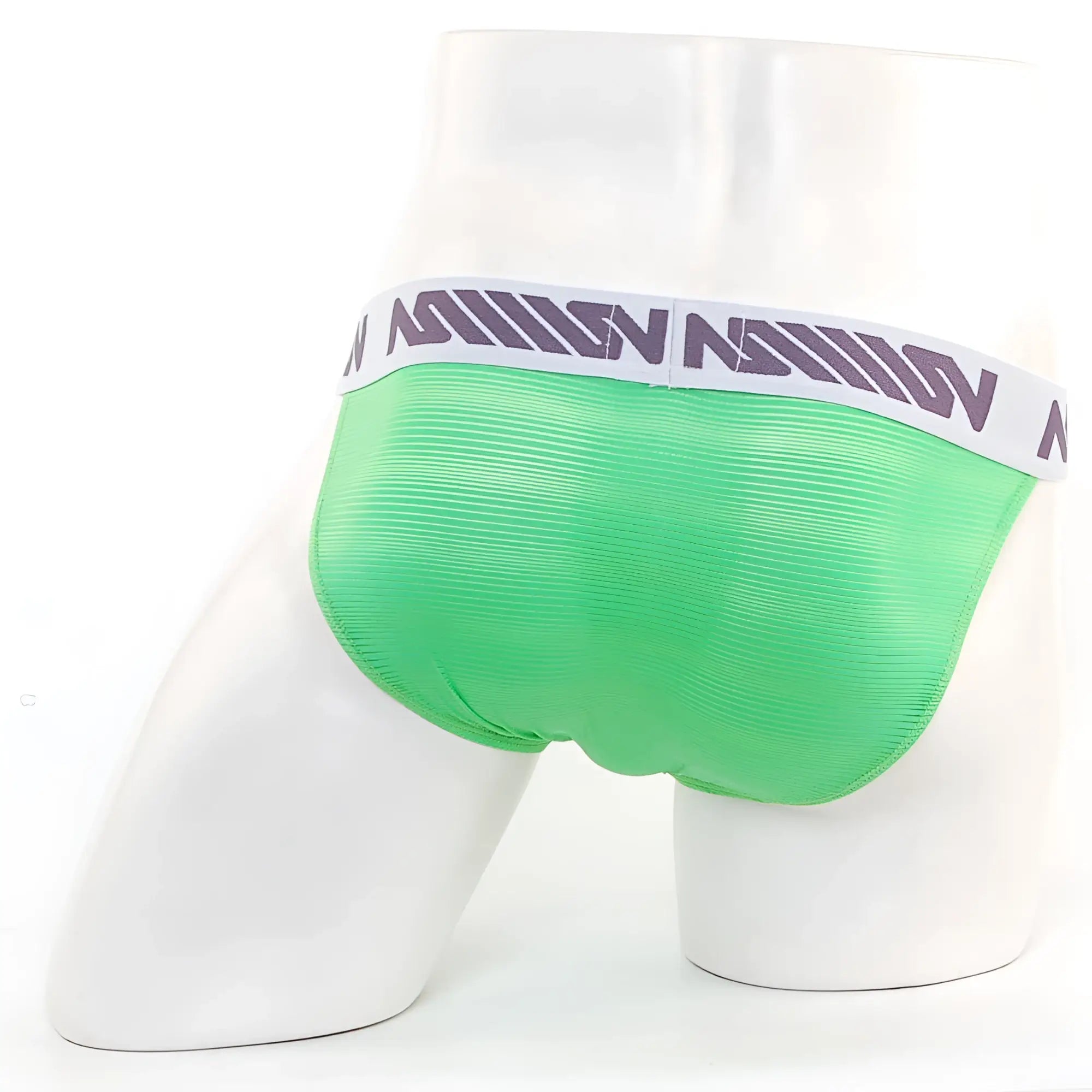 Bright green ribbed mesh briefs with a white waistband featuring purple nation lettering from MetroMaleWear Asian Bikini