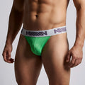 Metro male wear asian bikini briefs in bright green textured fabric with white elastic waistband and gray logo